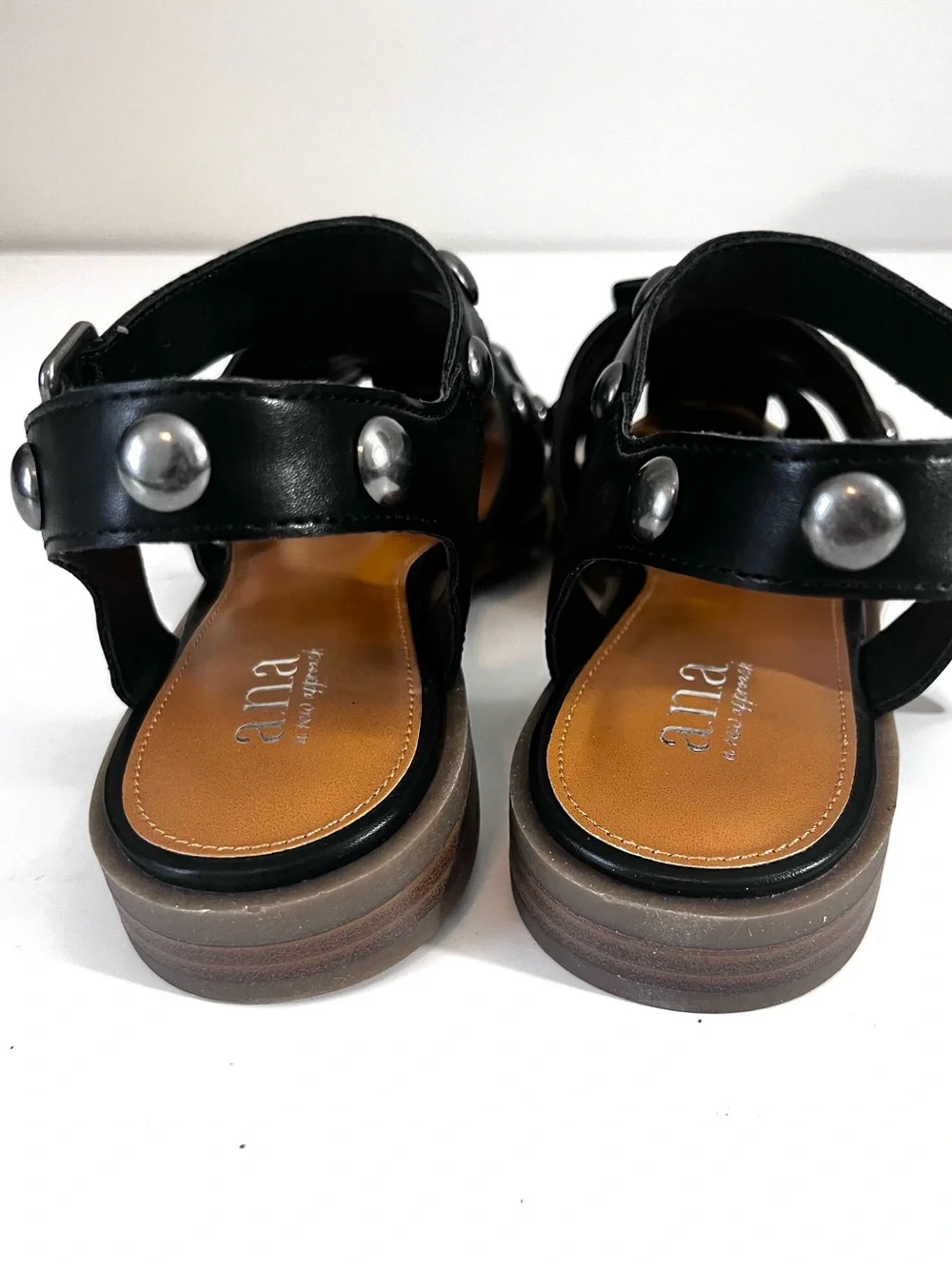 A.N.A. Black Studded Faux Leather Slingback Fisherman Sandals Flat Heel Women 7M